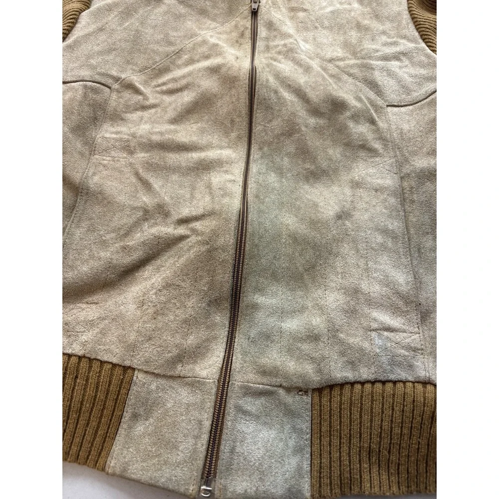 Vintage Old Spice Mens Beige Suede Leather Brown Knit Bomber Jacket Size L